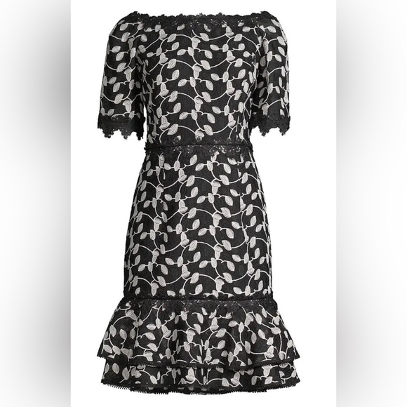 Shani NWT Black/White Two Tone Lace Bateau Neck Ruffle Hem Dress - Picture 10 of 10